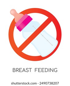 Símbolo de Vector tachado círculos con el signo biberón para la alimentación. Aislado sobre fondo blanco.