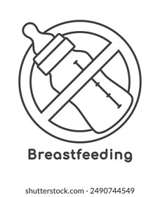 Símbolo de Vector tachado círculos con el signo biberón para la alimentación. Aislado sobre fondo blanco.