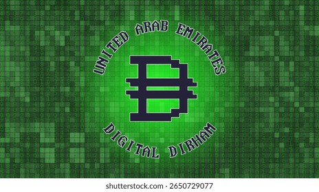 Vector symbol of digital dirham, United Arab Emirates. Bright green glow, many numbers and dark pixel mosaic background. Crypto money of UAE
