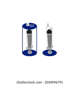 Vector is a symbol of a disposable syringe. Standing position. Needleless, Disposable, Non-Pyrogenic, Non Toxic. For 20ml.