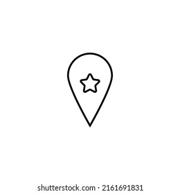 Vector symbol drawn with black thin line. Simple monochrome sign perfect for articles, books, stores, shops. Line icon of star inside of geolocation sign 