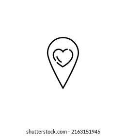 Vector symbol drawn with black thin line. Simple monochrome sign perfect for articles, books, stores, shops. Line icon of heart inside of geolocation sign 