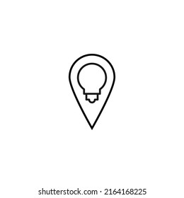 Vector symbol drawn with black thin line. Simple monochrome sign perfect for articles, books, stores, shops. Line icon of light bulb inside of geolocation sign