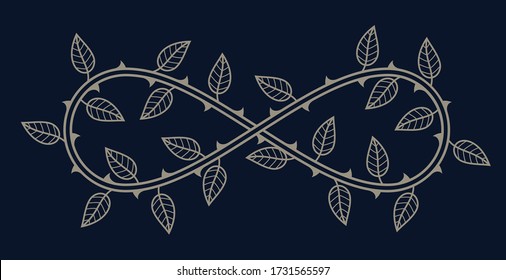 Vector symbol of endless love. Roses with thorns and leaves. Blue background.