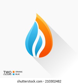 Vector symbol fire. Blue and orange flame glass icon with shadow isolated logo