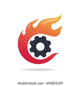 Vector symbol fire with gear, abstract icon design.