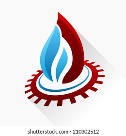 El símbolo del vector se incendia con el engranaje. Icono de vidrio azul y rojo con sombra larga aislado