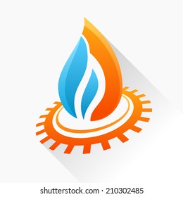 Vector symbol fire with gear. Orange and blue flame glass icon with long shadow isolated