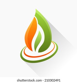 Vector symbol fire. Orange and green flame glass icon with long shadow isolated
