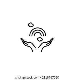 Vector symbol in flat style. Editable stroke. Perfect for internet stores, sites, articles, books etc. Line icon of rainbow over opened hands 
