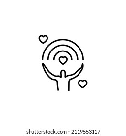 Vector symbol in flat style. Editable stroke. Perfect for internet stores, sites, articles, books etc. Line icon of faceless man holding rainbow surrounded by hearts