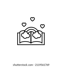Vector symbol in flat style. Editable stroke. Perfect for internet stores, sites, articles, books etc. Line icon of rainbow and hearts over book 