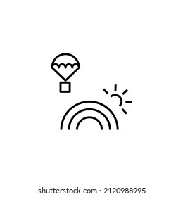 Vector symbol in flat style. Editable stroke. Perfect for internet stores, sites, articles, books etc. Line icon of sun and balloon with bucket flying over rainbow 