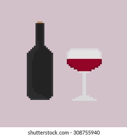 Vector symbol of glass and bottle of vine. Pixel art design elements