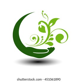 Vector symbol of green energy.  Circular natural element. Hand and flower with leaf. Nature icon.
