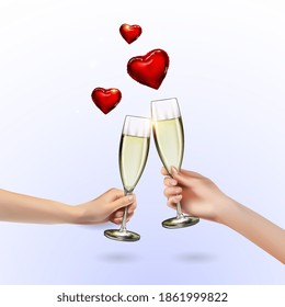 Vector symbol hand with a romantic dinner a man and a woman glasses of champagne in hand. Template color realistic design for printing a web banner, website.