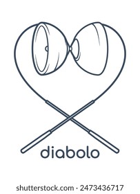 Vector symbol heart with juggling diabolo and crossed sticks. Isolated on white background.