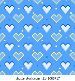 Vector - Symbol hearts on blue background. Pixel image. Ukraine color. Can be use for print, paper, wallpaper, wrapping, fashion, fabric, card.