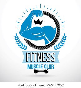 Vector symbol for heavyweight gym or fitness sport gymnasium made using muscular athletic arm showing biceps.