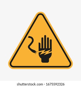 Vector symbol of high voltage, Danger yellow tringle sign. Hand and electric wire. Vector illustration. Warning icon isolated on white background.