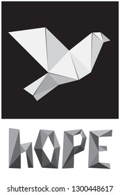 Vector symbol of  hope with dove icon and word in origami style. Simple illustration for web design or greeting card.