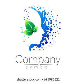 Vector symbol of human head and leaf. Profile face. Blue green color isolated on white background. Concept sign for business, science, psychology, medicine. Creative sign design Man silhouette. logo