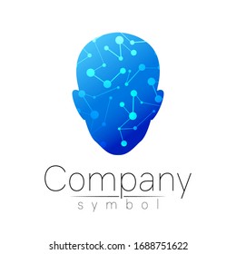 Vector symbol of human head. Person face. Blue color isolated on white. Concept sign for business, science, psychology, medicine, technology. Creative sign design Man silhouette. Modern logo