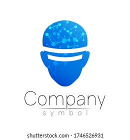 Vector symbol of human head. Person face. Blue color isolated on white. Concept sign for business, science, psychology, medicine, VR, technology. Creative sign design Man silhouette. Modern logo