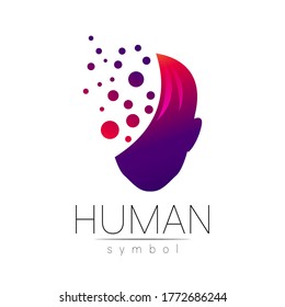 Vector symbol of human head. Person face. Red violet color isolated on white. Concept sign for business, science, psychology, medicine, technology. Creative sign design Man silhouette. Modern logo