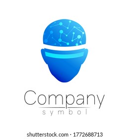 Vector symbol of human head. Person face. Blue color isolated on white. Concept sign for business, science, psychology, medicine, VR, technology. Creative sign design Man silhouette. Modern logo