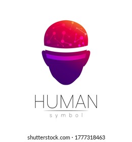 Vector symbol of human head. Person face. Red violet color isolated on white. Concept sign for business, science, psychology, medicine, technology, VR. Creative sign design Man silhouette. Modern logo