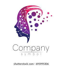 Vector Symbol Of Human Head. Profile Face. Violet Pink Color Isolated On White Background. Concept Sign For Business, Science, Psychology, Medicine. Creative Sign Design Man Silhouette. Modern Logo