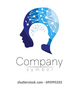 Vector symbol of human head. Profile face. Blue color isolated on white background. Concept sign for business, science, psychology, medicine. Creative sign design Man silhouette. Modern logo