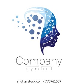 Vector symbol of human head. Profile face. Blue color isolated on white background. Concept sign for business, science, psychology, medicine. Creative sign design Man silhouette. Modern logo