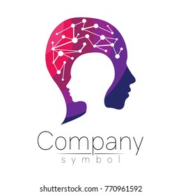 Vector symbol of human head. Profile face. Violet color isolated on white background. Concept sign for business, science, psychology, medicine. Creative sign design Man silhouette. Modern logo