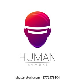 Vector symbol of human VR head. Person face. Red violet color isolated on white. Concept sign for business, science, psychology, medicine, technology. Creative sign design Man silhouette. Modern logo