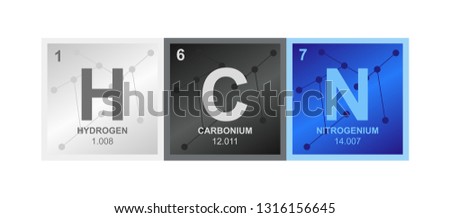 Vector symbol of hydrogen cyanide or prussic acid HCN compound consisting from hydrogen, carbon and nitrogen atoms and molecules on the background from connected molecules isolated on white.
