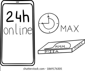 vector symbol icon with online delivery pizza fast services clock order from the phone around the clock through the application
