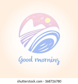 Vector symbol with the image landscape. Good morning. Hand-drawn logo with the mountains, the sun and waves.