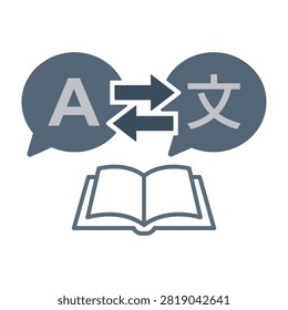 Vector symbol of language translation featuring speech bubbles with letters and arrows indicating conversion. Includes an open book for education and multilingual communication concepts.