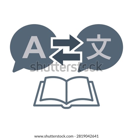 Vector symbol of language translation featuring speech bubbles with letters and arrows indicating conversion. Includes an open book for education and multilingual communication concepts.