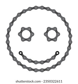 Símbolo vectorial de un emoticono de risa formado por una cadena de bicicletas realista. Aislado sobre fondo blanco.