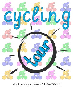 Vector symbol logo outline sun spot spot drop circle rays splashing grunge line on white background with cyclists on bicycles and words "tour" and "cycling" color light