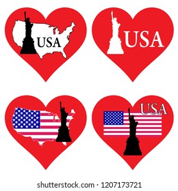 Vector, symbol, I love America. Statue of Liberty, flag, map.