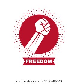 Vector symbol made with raised arm of a muscular male. Power and authority conceptual logo.