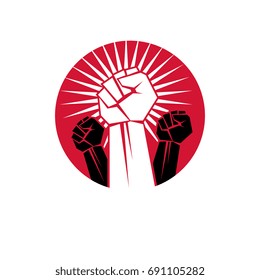Vector symbol made with raised arm of a muscular male. Power and authority conceptual logo.