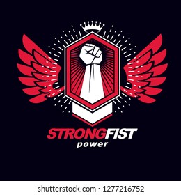 Vector symbol made using raised arm of muscular male, imperial crown and eagle wings. Martial arts emblem can be used as tattoo.