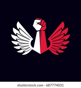 Vector symbol made using raised arm of muscular male and eagle wings. Freedom for the personality can be used as tattoo.