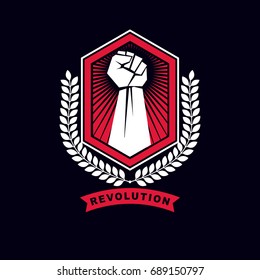 Vector symbol made using raised arm of a muscular male, protection shield and laurel wreath. Best fighter vector symbol, triumph concept.