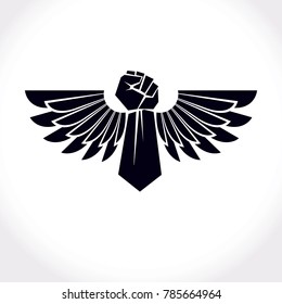 Vector symbol made using raised arm of muscular male and eagle wings. Freedom for the personality can be used as tattoo.